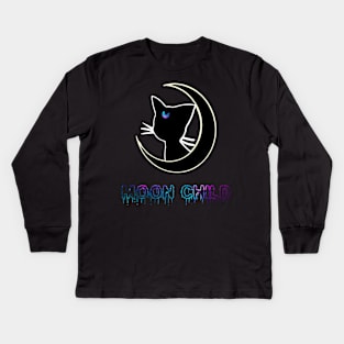 Moon Child Black Cat Galaxy Aesthetic Witchy Wiccan Pastel Gothic Boho Hipster Kids Long Sleeve T-Shirt